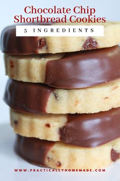 three chocolate chip shortbread cookies stacked on top of each other with text overlay