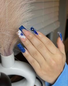 Blue And Red Nails Ideas, Royal Blue Quince Nails, Dark Blue Nails With Design, Nails Blue And Gold, Manicure Azul, Quince Nails, Royal Blue Nails, Gold Acrylic Nails