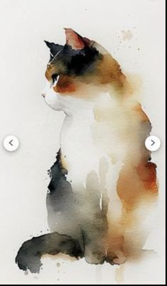 a watercolor painting of a cat sitting in front of a white wall with buttons on it