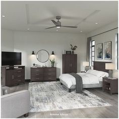 a bedroom with white walls and gray furniture