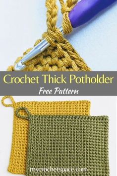 the crochet thick potholder is made with two different colors and has a hook