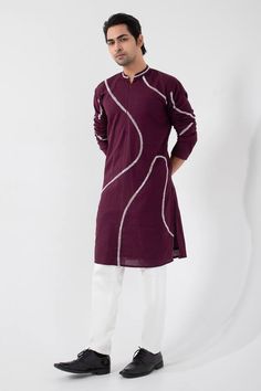 Maroon kurta with beads, thread work embroidery. Paired with a plain straight pant and embroidered nehru jacket. - Aza Fashions Cotton Long Sleeve Bandhgala For Navratri, Long Sleeve Cotton Bandhgala For Navratri, Cotton Nehru Jacket With Cutdana And Long Sleeves, Cotton Sherwani With Dori Work And Long Sleeves, Bollywood Style Bandhgala With Dori Work And Long Sleeves, Nehru Jacket, Nehru Jackets, Beaded Neckline, Kurta With Pants