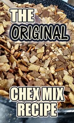 the original chex mix recipe is in a bowl