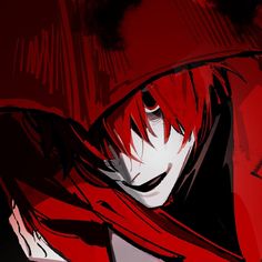 an anime character with long red hair and black eyes, wearing a hooded cloak over his head