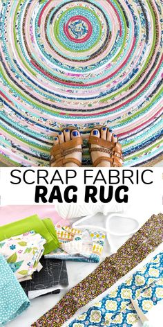 the scrap fabric rag rug is laid out on top of a table with scissors and other crafting supplies