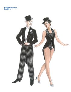 an illustration of two people dressed in black and white outfits, one is wearing a top hat