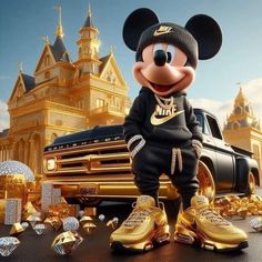 a mickey mouse is standing in front of a truck with gold shoes on the ground