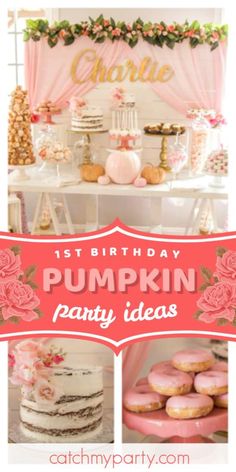 a pink birthday party with lots of cake and cupcakes on the table,