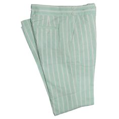 A Must-Have Style In Every Man’s Wardrobe, You Will Never Look Boring Again With These Striped Trousers In Green And White. Elegantly Made With High Quality Craftsmanship In A Straight Fit, Flat-Front Style From Premium Quality Cotton Seersucker, These Trousers Feature A Button And Zip Closure With A Wide Waistband With Two Extended Fastening Tabs. This Pair Of Men's Pants Is Perfect For Work And Everyday Wear, Business Meetings, Parties, Gala Dinners Or Summer Weddings. Buy It For Yourself, Or White Pants With Welt Pockets For Summer, Green Cotton Pants For Daywear, Green Pants With Pockets For Daywear, Green Bottoms With Pockets For Daywear, Green Summer Pants With Welt Pockets, Gurkha Pants, Green Cotton Pants, Striped Trousers, Trouser Outfit