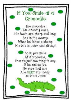 a green and white card with an alligator saying if you smile at a crocodile