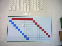 a white board with blue and red squares on it next to some magnets that have numbers