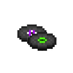 an image of a pixellated black object with green eyes and purple hair on it