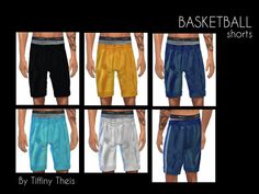 four different colored shorts are shown with the same color and pattern as well as text