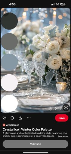 an image of a table setting with white flowers and silverware on it, the color palette is gray