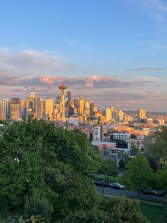 the city skyline as seen from an elevated park in front of trees and buildings at sunset