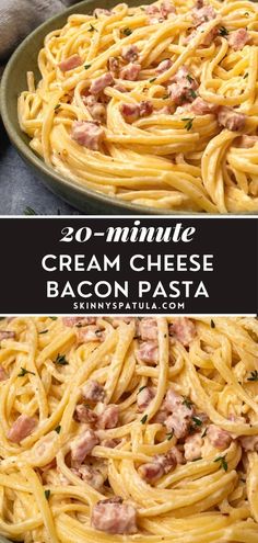 a plate full of cream cheese bacon pasta with the title overlay in the middle