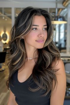 42 Subtle Balayage Black Hairstyles From Soft Highlights To Gentle Gradients Dark Brown Streaks On Black Hair, Black Long Hair With Highlights, Black Hair Highlights Ideas Asian, Black Brown Highlights, Highlights Black Hair Asian, Balayage Hair Asian Black, Partial Highlights For Black Hair Asian, Dark Balayage Black, Subtle Balyage