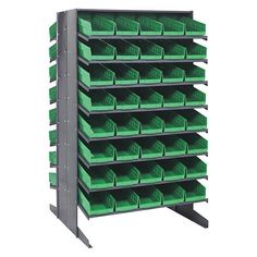 a metal shelving unit with green bins