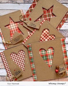 four cards made with plaid paper and some heart shaped tags on top of each other