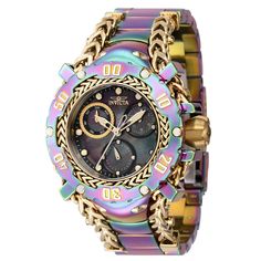 This eye-catching Invicta watch from the Gladiator collection is powered by an accurate Quartz movement, with a iridescent, gold, steel case. Its face is decorated by a black, gold, metal, mother of pearl, oyster dial, and protected by a sturdy Flame Fusion Crystal. A iridescent, gold, stainless steel band completes this timepiece that can resist water for up to 200 m. Bringing the spirit of Hercules into the realm of mankind, the Invicta Gladiator Reserve collection is clad with the armor and s Modern Multicolor Automatic Watches, Luxury Multicolor Chronograph Watch Accessories, Luxury Multicolor Chronograph Watches, Luxury Multicolor Automatic Watches, Luxury Automatic Multicolor Watches, Pearl Oyster, The Gladiator, Fancy Watches, Invicta Watches