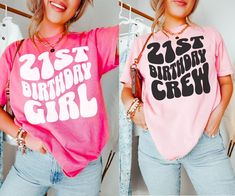 Get ready to be OBSESSED with your new "21st Birthday Girl" and "21st Birthday Crew" Comfort Colors graphic tees. They are the cutest and most trendy way to emit all those important 21st birthday party vibes! DETAILS * Comfort Colors Garment-Dyed Heavyweight T-Shirt * 100% ring spun cotton * Design is printed using DTG technology which uses high-quality water-based inks that are printed directly into the fabric. This means that there may be a slightly faded/vintage look to the design depending o Birthday Tshirt Design Ideas, 21 Birthday Shirts Ideas, 21st Birthday Accessories, 21st Birthday Shirt Ideas, 21 Birthday Tshirt Ideas, 21st Birthday Shirts Cowgirl, 21 Birthday Shirts, 21 Af Shirt, 21st Birthday Crew Shirts