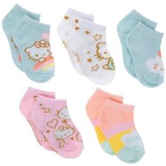 Size: 4 - 7.5 Color: White, Pink, Blue & Yellow Content: 98% Polyester & 2% Spandex UPC: 086694657775 Quantity: 5 Pairs Care: Machine Wash Cold With Like Colors Only Non-Chlorine Bleach When Needed Tumble Dry, Low Do Not Iron Keep your adorable baby warm with the help of these Hello Kitty Pastel Infant Low Cut Socks. These no-show socks are soft and stretchy to wear comfortably. They are decorated with Hello Kitty's adorable face and are paired with stars and rainbows. Slip these socks onto your little one when the mornings are chilly and their feet need warming up!   Full Text:  Dream Big Hello!! Hello Kitty Pastel, Hello Kitty Baby, Low Cut Socks, Pink Blue Yellow, Warming Up, Baby Warmer, Baby Socks, No Show Socks, Craft Activities For Kids