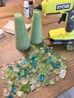 Supplies for DIY Christmas Craft with sea glass. How To Make Sea Glass Tree, How To Make A Seaglass Christmas Tree, Driftwood With Plants, Sea Glass Wreath Diy, Sea Glass Trees Diy, Seaglass Tree Diy, Sea Glass Star, Painting Oyster Shells Diy Christmas, Beach Glass Tree