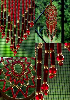 red and gold beaded dream catchers hanging from a window