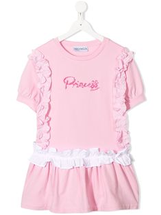 Pink cotton blend graphic print dress from Simonetta featuring a round neck, short sleeves, a ruffle trimming, an embroidered logo to the front, a short length, sequin embroidery and stitching details. | Simonetta Graphic Print Dress Graphic Print Dress, Girls Casual Dresses, Gucci Kids, Sequin Embroidery, Sequins Embroidery, Vestido Casual, Stella Mccartney Kids, Embroidery And Stitching, Pink Cotton