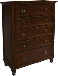 a wooden dresser with five drawers and two doors on the top shelf, in dark brown wood