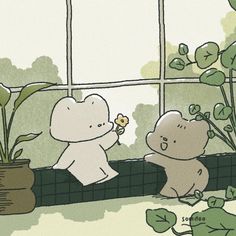 two little bears are playing with a flower in front of a window and another bear is looking out the window