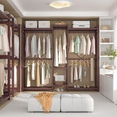 a walk in closet filled with lots of clothes and shoes on shelves next to a white ottoman