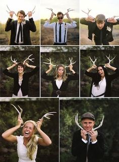 a man and woman posing with antlers on their heads in different poses for pictures