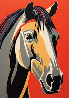 a painting of a horse's head on an orange and red background with black manes