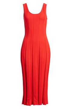 Ultrawide ribbing creates a pleated illusion across this figure-skimming midi dress boasting a scooped neckline and a soft blend of cotton, nylon and linen. Scoop neck 48% cotton, 32% nylon, 20% linen Dry clean Imported Sleeveless Ribbed Midi Dress For Daywear, Red Ribbed Fitted Midi Dress, Red Sleeveless Ribbed Dress, Red Ribbed Sleeveless Dress, Red Ribbed Knee-length Dress, Midi Sweater Dress, Scooped Neckline, Sweater Dress Midi, Download Books