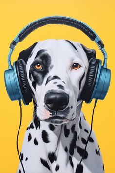 A photography of a dalmatian dog wearing blue headphones posing in a yellow background. Dog Modern Art, Headphones Png, Cute Dalmatian, Scrapbook Png, Wearing Headphones, Monochrome Background, Wearing Headphone, Dalmatian Dogs, Simple Iphone Wallpaper