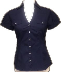 Fitted Tops With Snap Buttons For Business Casual, Fitted Navy Shirt With Button Closure, Navy Fitted Shirt With Button Closure, Navy Formal Top With Buttons, Fitted Office Blouse With Snap Buttons, Fitted Blouse With Snap Buttons For Office, Elegant Navy Tops With Button Closure, Fitted Blue Tops With Snap Buttons, Navy Workwear Tops With Button Closure