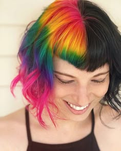 Rainbow Dyed Hair, Short Rainbow Hair, Color Wow Dream Coat, Fantasy Hair Color, Split Dyed Hair, Frizz Free Hair, Split Hair, Hair Brained