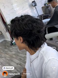 Long Permed Hair Men, Wavy Wolf Cut Men, Wavy Wolf Cut, Flow Haircut Men, Wolf Cut Wavy Hair, Asian Mullet, Long Hair Perm, Messy Haircut, Medium Length Hair Men