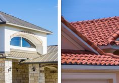 two different views of a house with red tile roofing and white trim on the windows