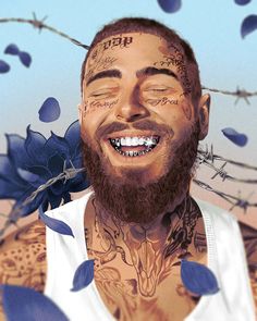 a drawing of a man with tattoos on his face and chest, surrounded by blue flowers