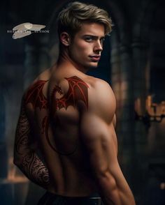 a man with a dragon tattoo on his back and chest is looking at the camera