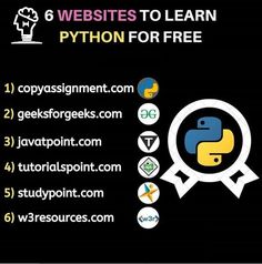 a black background with white and yellow text that says 6 web sites to learn python for free