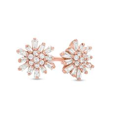 Ready for any occasion, these diamond stud earrings bring sweet sparkle to all her favorite looks. Created in precious 10K rose gold, each chic earring features a shimmering diamond composite wrapped in a dazzling starburst frame of multi-sized baguette-cut diamonds. Radiant with 1/4 ct. t.w. of diamonds and a bright polished shine, these post earrings secure comfortably with friction backs. Rose Gold Baguette Cut Diamond Earrings, Rose Gold Baguette Diamond Earrings, Fine Jewelry Rose Gold Baguette Diamond Earrings, Chic Earrings, Baguette Cut Diamond, Diamond Stone, Earring Backs, Diamond Earrings Studs, Diamond Studs