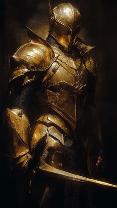 In this majestic fantasy art, a knight clad in ornate, shining golden fantasy armor stands imposingly against a dark background, creating an inspiring aesthetic. The armor is intricately detailed with sharp, angular plates, and the helmet fully conceals his face, save for a faint glow from within. Holding a sword at his side, ready for battle, he embodies nobility, power, and an unyielding spirit. Subtle signs of wear hint at countless battles fought in this captivating fantasy portrayal. Fantasy General Aesthetic, Golden Armor Aesthetic, Fantasy Knight Aesthetic, Fantasy Guard Aesthetic, Knight Armor Aesthetic, Golden Warrior Aesthetic, Knight Holding Helmet, Holy Knight Fantasy Art, Golden Armor Fantasy Art