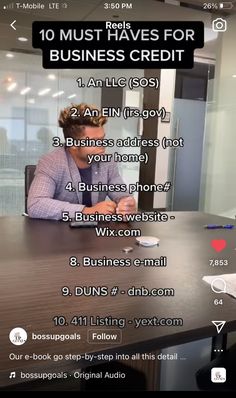 a man sitting at a table in front of a phone with the text 10 must haves for business credit