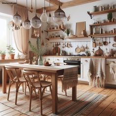 a kitchen filled with lots of wooden furniture and hanging lights over the stove top oven