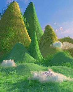 an animated landscape with green hills and clouds