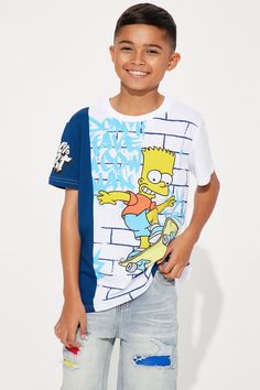 Available In White/combo. Screen Top Short Sleeve Bart Graphic Colorblock T-Shirt Cut And Sew Disclaimer: Due To The Printing Process A Difference In Saturation May Occur. Each Garment Is Unique. 60% Cotton 40% Polyester Imported | Mini Bart Simpson Colorblock Tee Shirt in White size 18/20 by Fashion Nova Casual White Patchwork T-shirt, Playful Multicolor Color Block T-shirt, Casual White Shirt With Patchwork, Casual White Patchwork Shirt, White Patchwork Tops For Streetwear, Casual Crew Neck Shirt With Patchwork, Casual Patchwork Shirt With Crew Neck, White Patchwork T-shirt For Streetwear, Sporty Multicolor Tops With Character Print