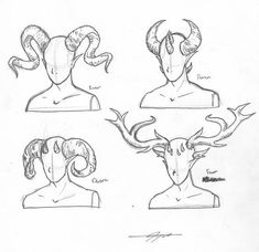 four different angles of the head of an animal with horns on it's back